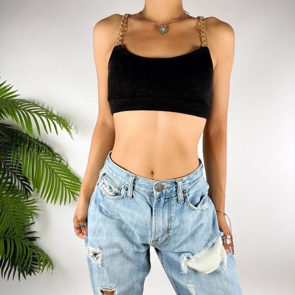 Vintage Black Knit Bralette Grunge Streetwear Gold Chain Strap Crop Top / Small - Picture 4 of 5
